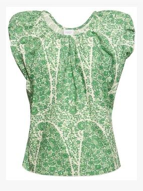 Giambattista Valli Printed Poplin Draped Short Sleeve Top in Green IT 42 US 6